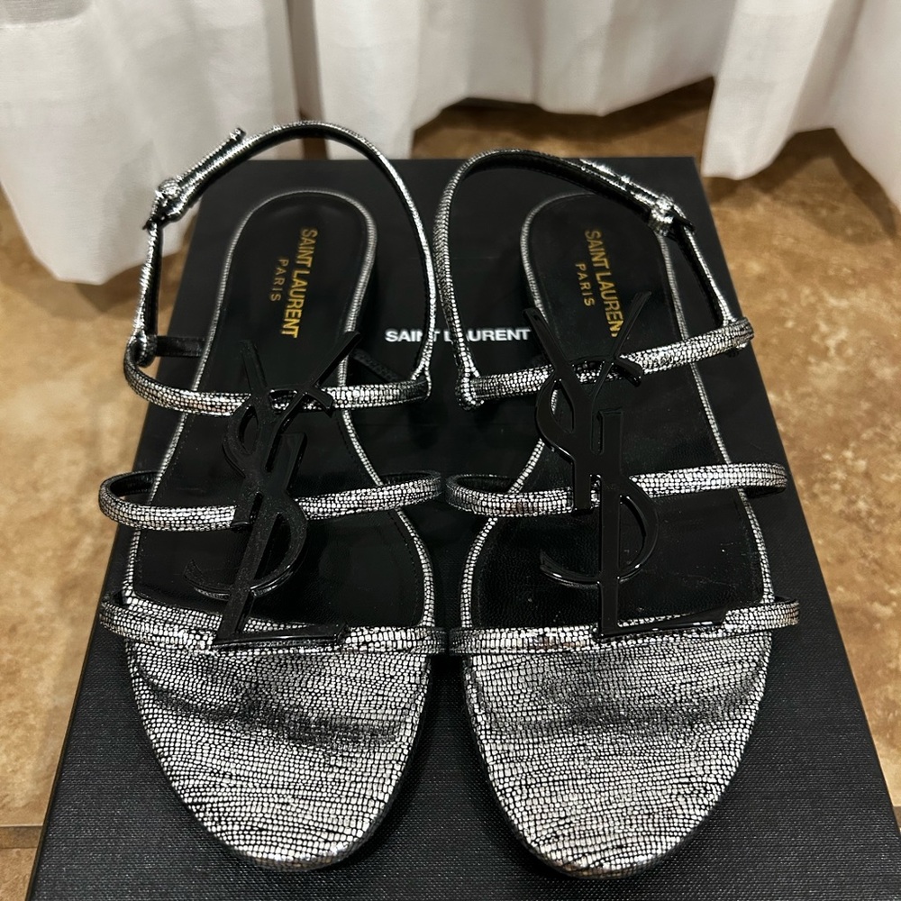 Saint Laurent YSL Cassandra Logo Leather Slingback Silver Sandals